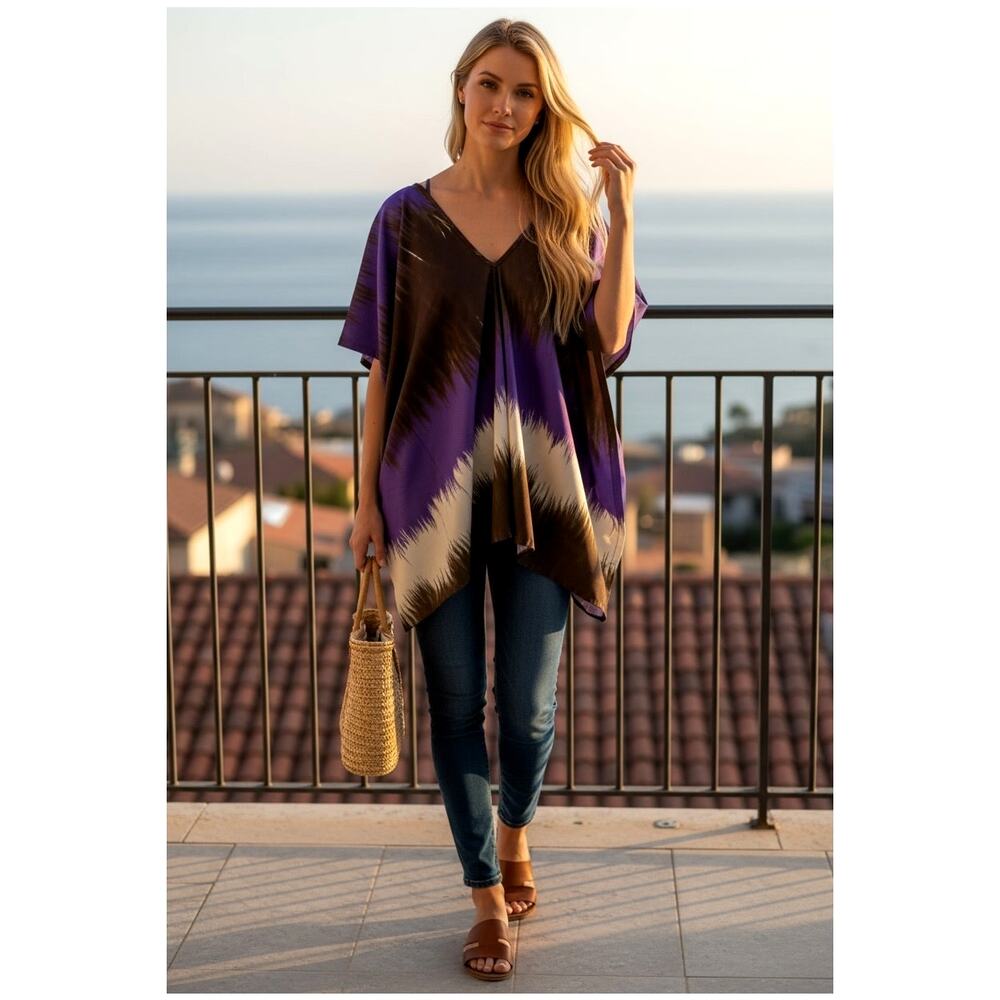 Ramona LaRue Silk Multicolor Batwing V Neck Pullover Blouse Size S - Picture 2 of 6
